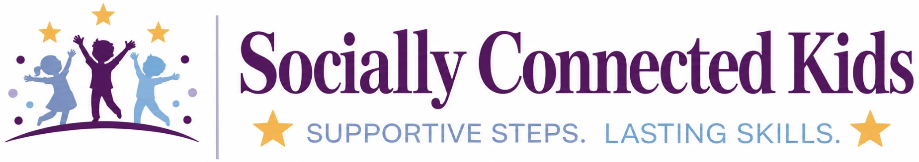 Socially Connected Kids logo with three children jumping beneath gold stars and the tagline Supportive Steps. Lasting Skills.